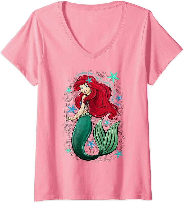 Womens Disney The Little Mermaid Ariel's Song Music Notes V-Neck T-Shirt