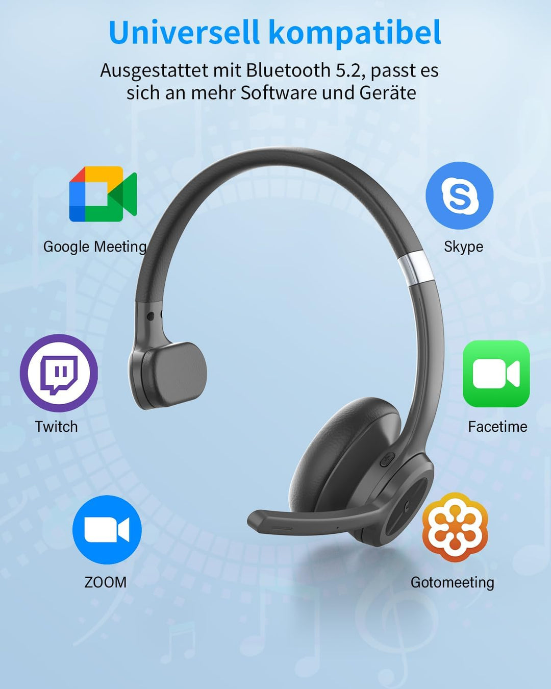 MONODEAL Bluetooth Headset mit Mikrofon, Wireless Kopfhörer mit Stummschalttaste, Geräuschunterdrück