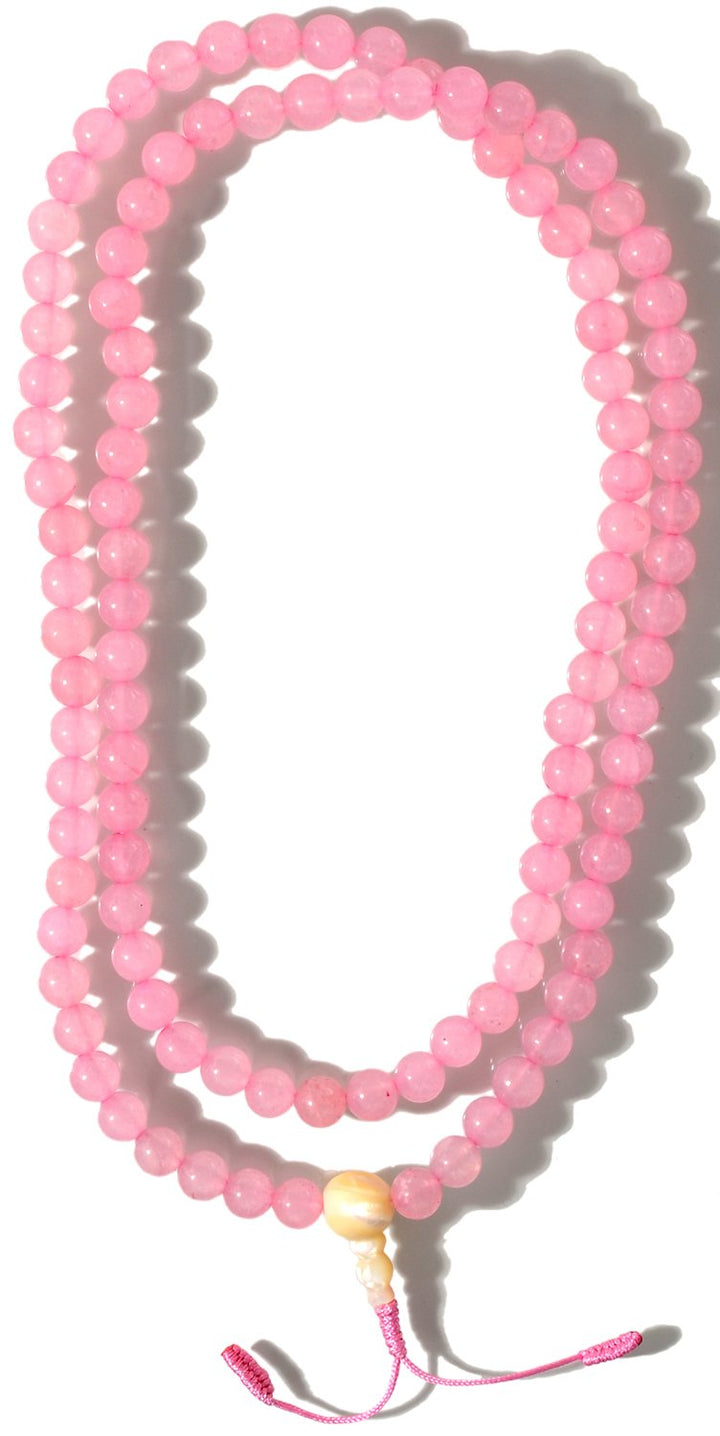 BUDDHAFIGUREN/Billy Held Mala aus Rosenquartz - buddhistische Gebetskette mit 8,5 mm Perlen