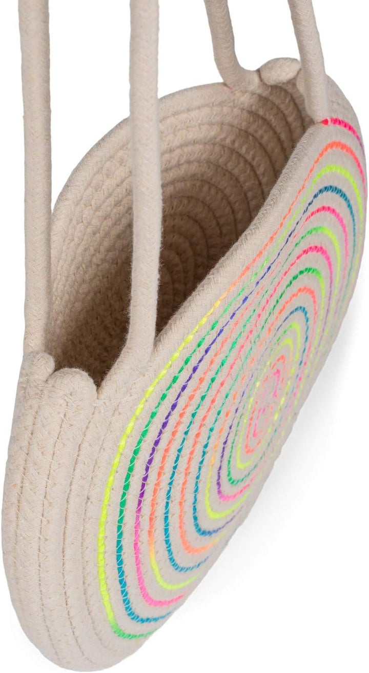 styleBREAKER Damen Runde Bali Bag Umhängetasche mit buntem Neonfaden und geflochtenem Taschengurt, H