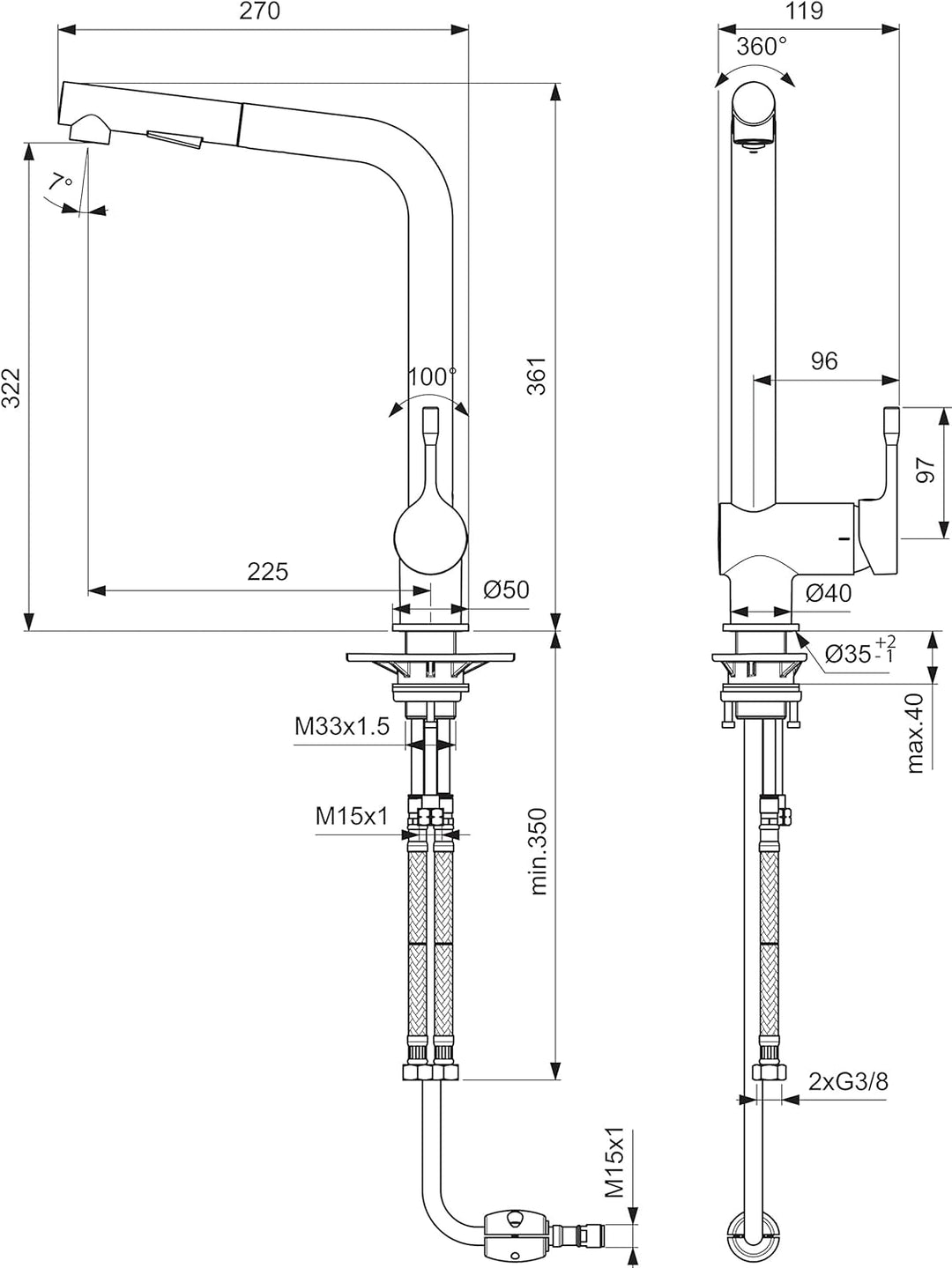 Ideal Standard Kolva BC476AA Küchenarmatur, ausziehbar, 2-strahlig, verchromt, matt, wassersparend B