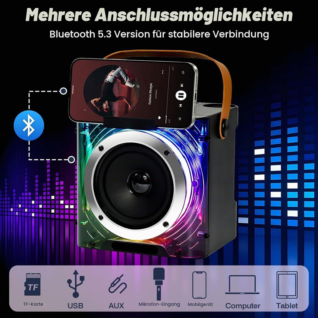 Karaoke Maschine mit 2 Mikrofone, Lautsprecher Box mit Lichteffekte, Tragbaren 5.3 Bluetooth Lautspr
