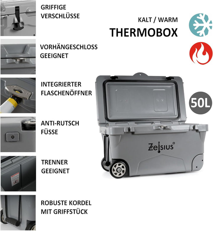 Zelsius Kühlbox 50 Liter mit Räder | Coolbox | Fahrbare Cooling Box ideal für Auto Camping Urlaub An