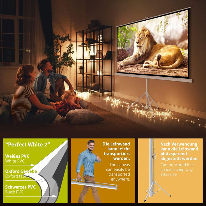 ESMART Professional MISATI Stativ-Leinwand 202 cm Bild 186 x 105 cm (84") 16:9 | Heimkino Beamer Pro