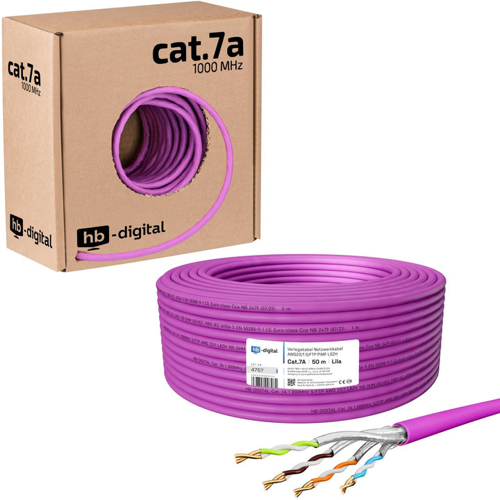 HB-DIGITAL 50m CAT.7a Netzwerkkabel LAN Kabel Verlegekabel AWG 23 Reines Kupfer S/FTP PiMF LSZH Halo