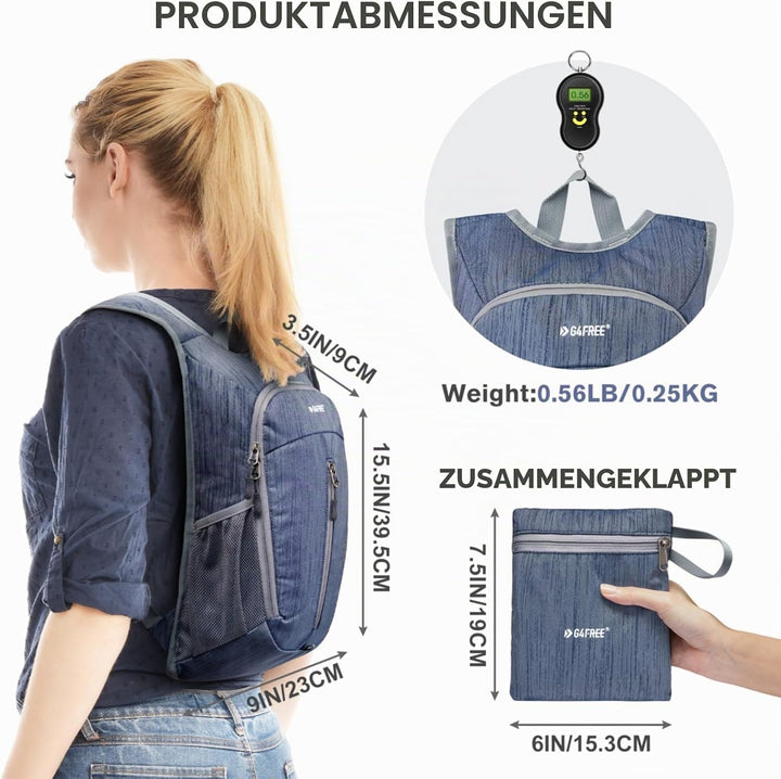 G4Free Wanderrucksack, 10 l, klein, für Reisen, Wandern, Tagesrucksack, leicht, verstaubar Dunkelbla