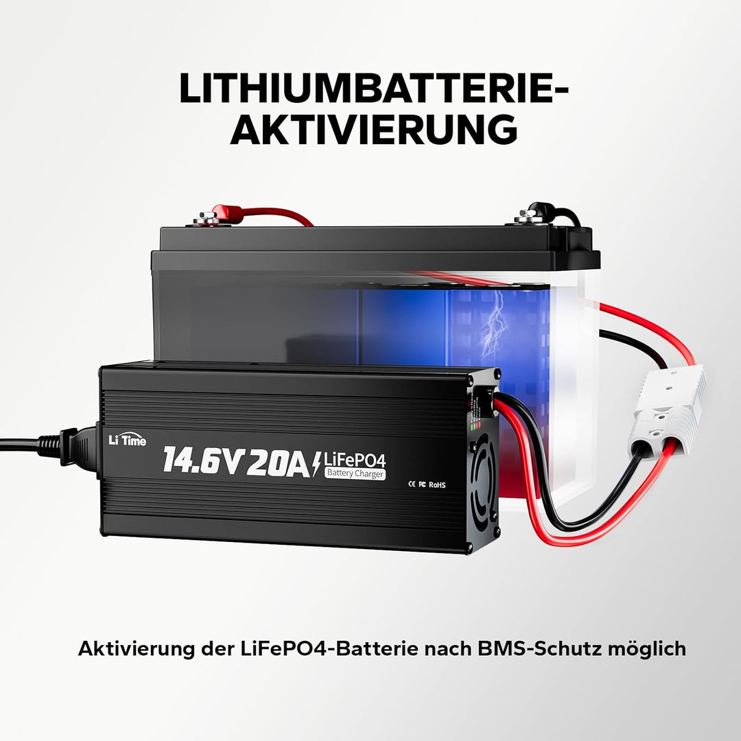 LiTime 14.6V 20A Lithium Batterieladegerät 12V LiFePO4 Batterieladegerät AC-DC Smart Charger mit And