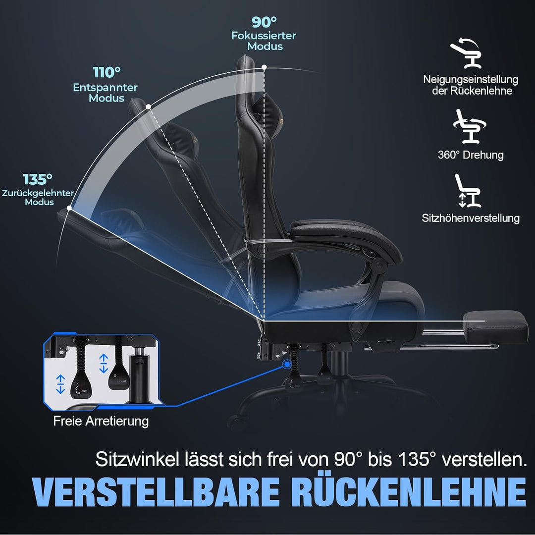 GTPLAYER Gaming Stuhl Chair Gamer Sessel - Ergonomischer Gamer Stuhl mit Fussstütze Kopfstütze und L