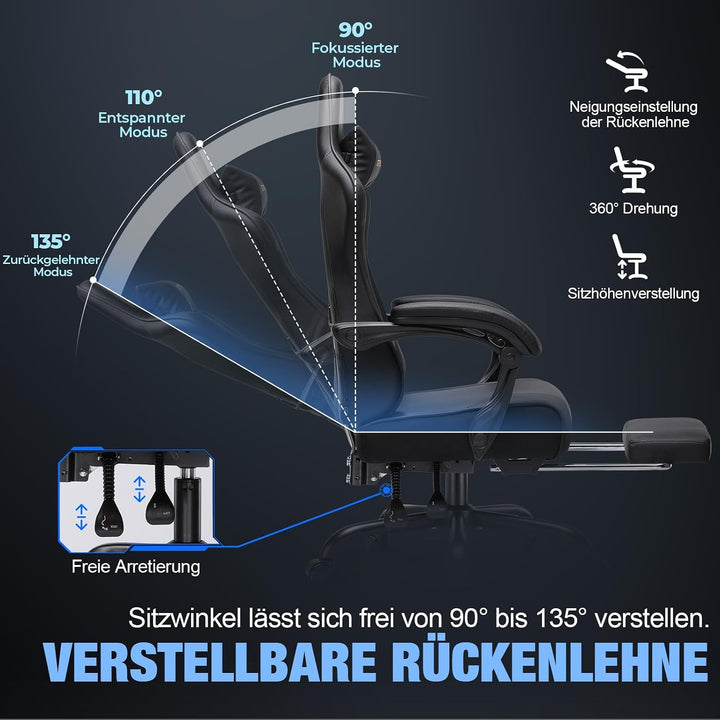 GTPLAYER Gaming Stuhl Chair Gamer Sessel - Ergonomischer Gamer Stuhl mit Fussstütze Kopfstütze und L
