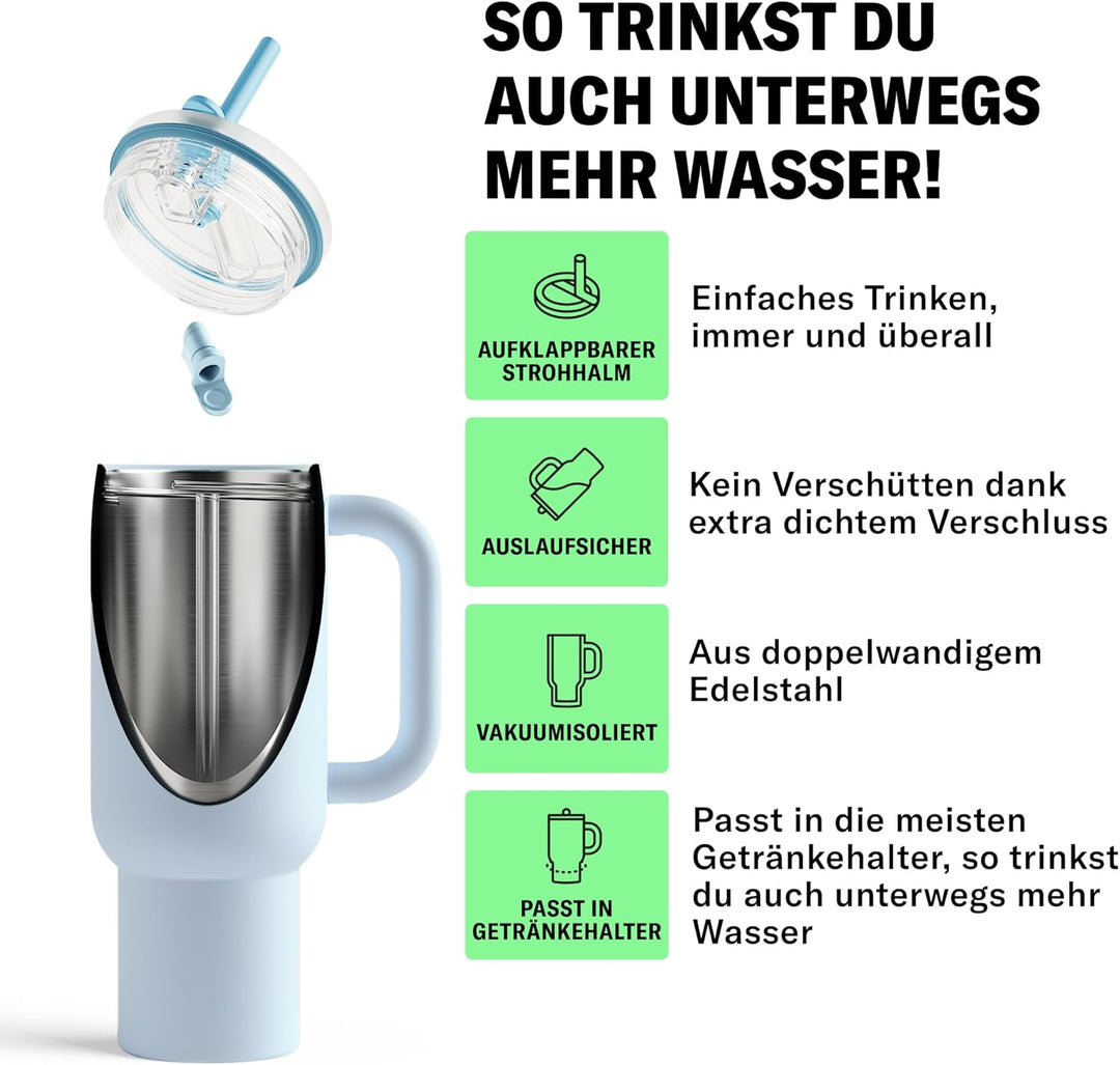 waterdrop® Thermobecher mit Strohhalm 1,1L – Auslaufsichere, robuste Trinkflasche mit aufklappbarem