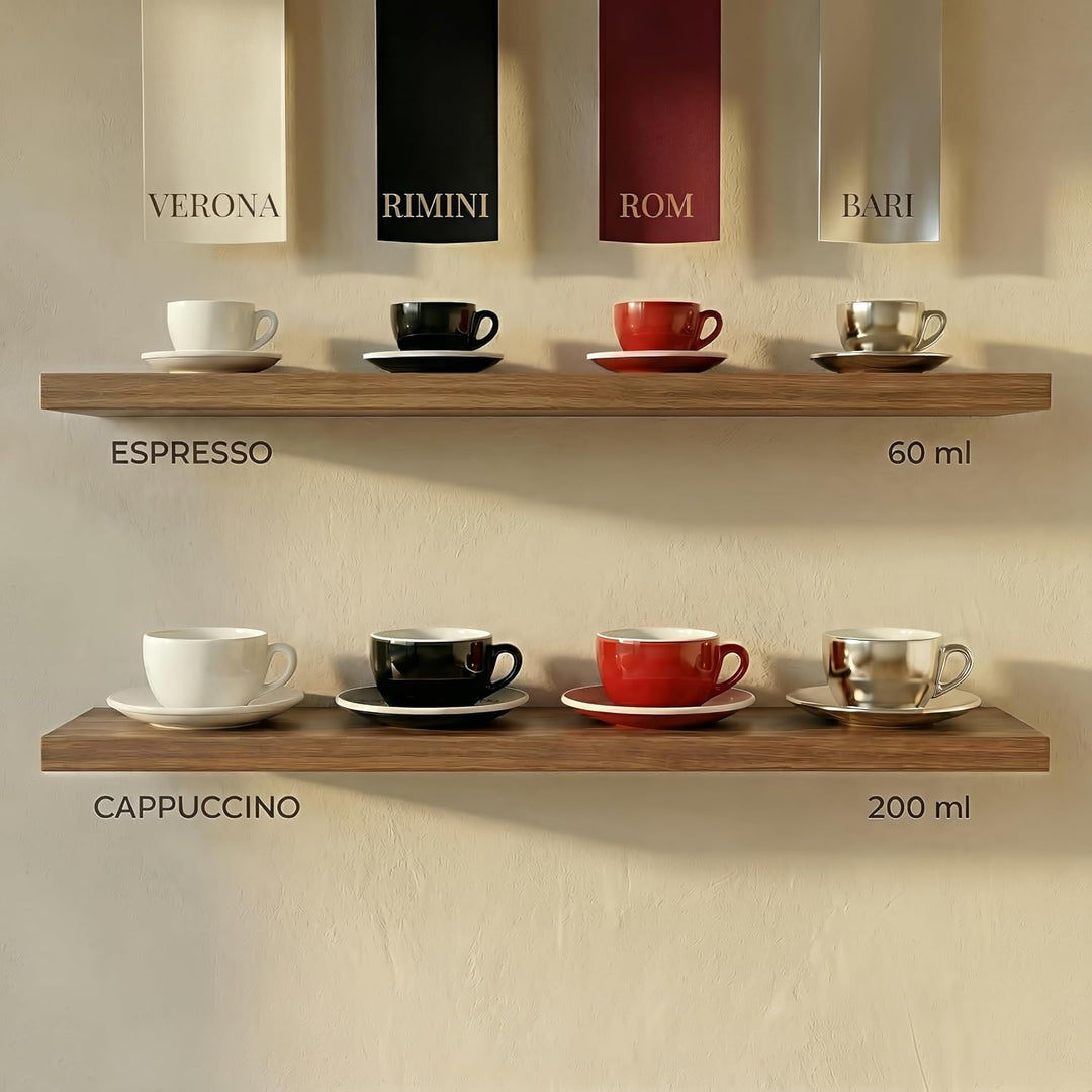 6x Espressotassen | Silber Chrome | Italian Style | dickwandig &amp; schwer | Espresso 6er Set mit Unter