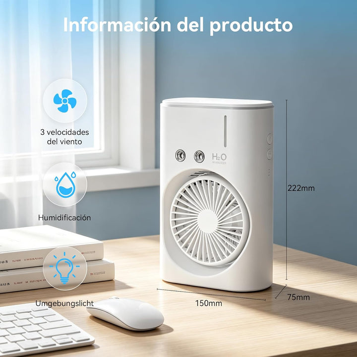 Tischventilator mit Sprühnebel, USB Aufladbarer Mini Ventilator mit 280ml Wassertank, 3 Windstufen,
