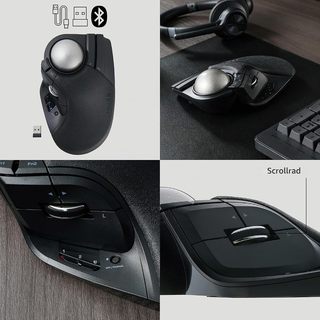 ELECOM Huge Plus Wireless Trackball Mouse, Ergonomic 52mm Large Ball, Multi-Connection Bluetooth, 2.