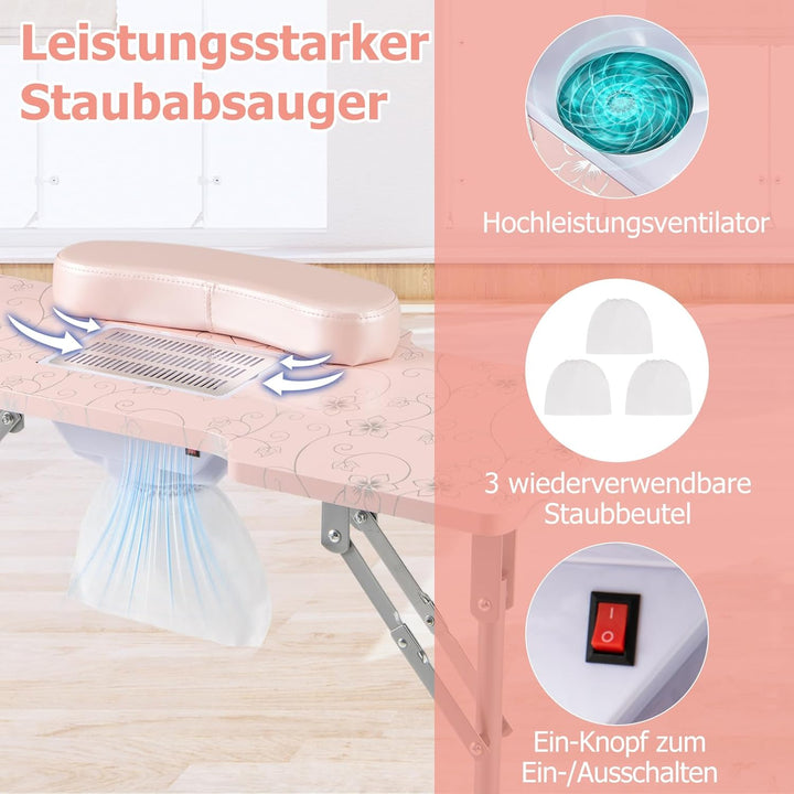 COSTWAY Maniküretisch klappbar, Nageltisch mit elektrischem Staubsammler, LED-Lampe, Handgelenkaufla