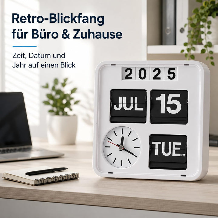 Eurotime 80005-00 Retro Tisch- & Wanduhr mit Voll-Datumsanzeige inkl. Jahr, Quarzuhr im Klappkarten-