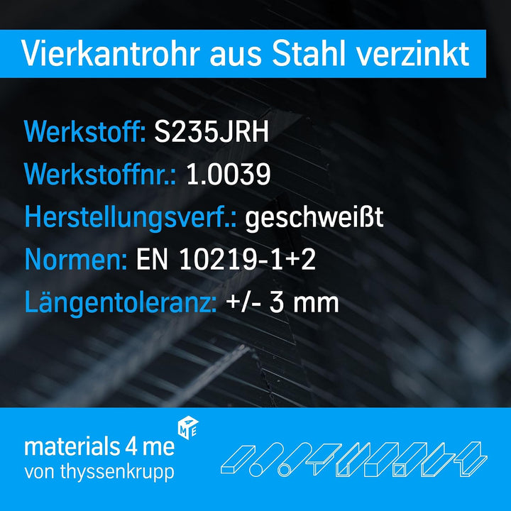 thyssenkrupp Vierkantrohr Stahl verzinkt 20x20x2 mm – 2000 mm | Stahlprofil | Rechteckrohr geschweis