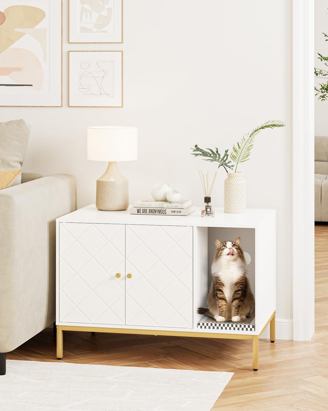 Katzenklo Schrank, Katzenkloschrank mit Doppeltüren, Katzenhaus mit Kratzmatte, hohe Beine, für Katz