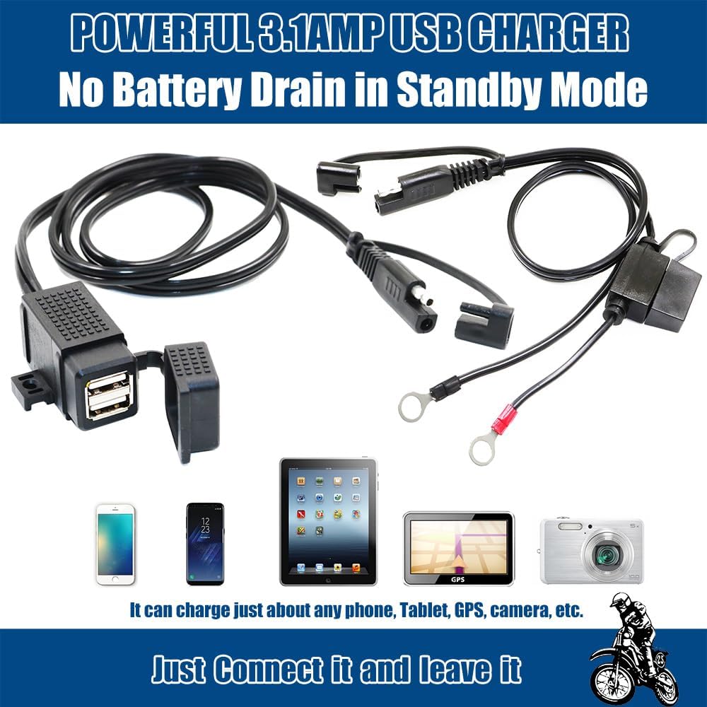 MOTOPOWER MP0609EA-UK 3,1 Amp USB-Ladegerät für Motorrad, wasserdicht, mit SAE-Klemmenkabel