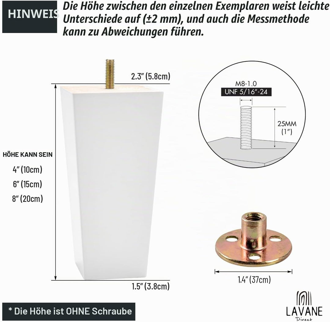 La Vane 4 Stück Möbelfüsse aus Massivholz - 15cm Höhe, Weiss, Pyramidenform mit M8 Gewindebolzen &amp; M