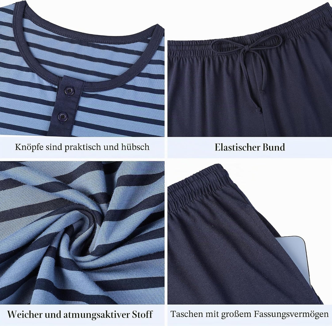 Schlafanzug Herren Kurz aus Baumwolle mit Kontraststreifen Design, Sommer Pyjama Set Oberteile und K