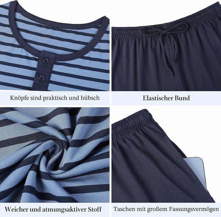 Schlafanzug Herren Kurz aus Baumwolle mit Kontraststreifen Design, Sommer Pyjama Set Oberteile und K