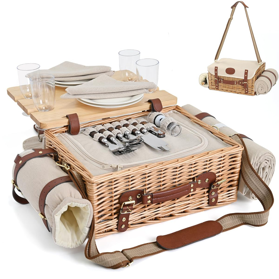 Multifunktionales Picknickkorb-Set aus Weidengeflecht für 4 Personen mit Decke und Picknicktisch, is