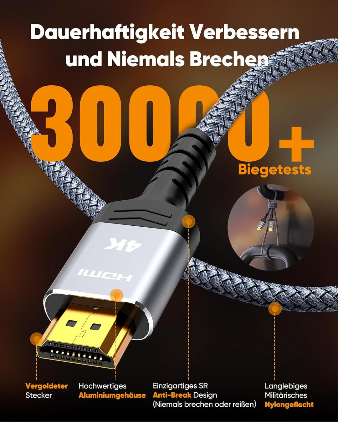 SNOWKIDS 15Meter 4K HDMI Kabel, HDMI Zu HDMI Kabel 4K@60Hz HDMI Nylon Geflochtenes Support Video 4K