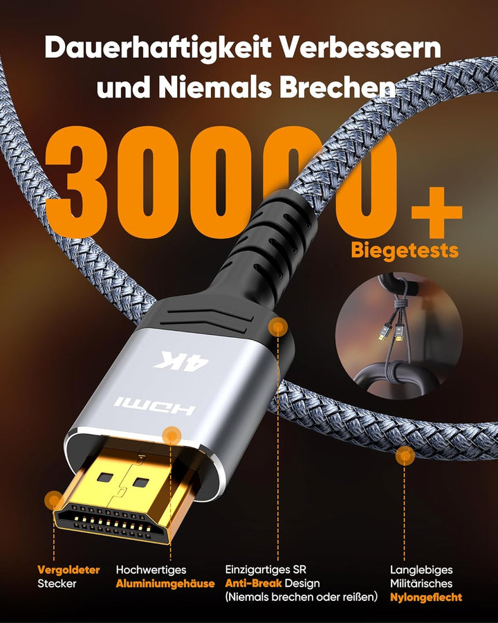 SNOWKIDS 15Meter 4K HDMI Kabel, HDMI Zu HDMI Kabel 4K@60Hz HDMI Nylon Geflochtenes Support Video 4K