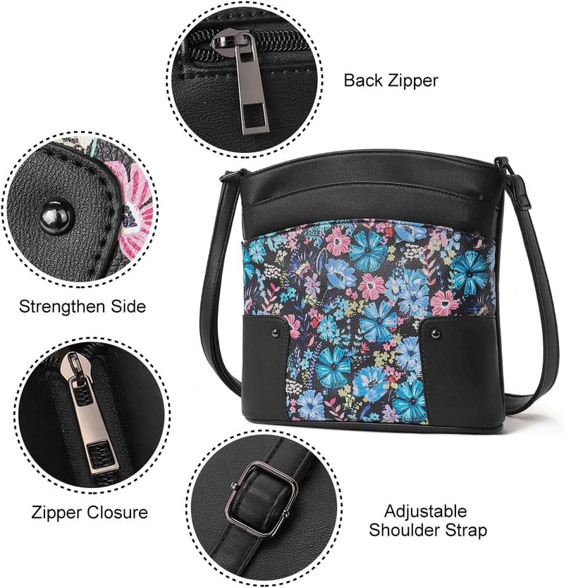 CLUCI Umhängetasche Damen Klein Crossbody Clutch Handytasche mit Geldbörse Farbe Blumen auf Schwarz,