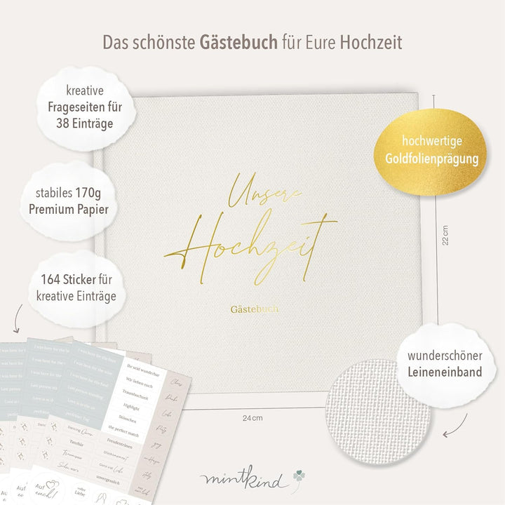 mintkind® Gästebuch Hochzeit zum Ausfüllen Offwhite inkl. 4 Stickerbögen | 84 Seiten mit Fragen für