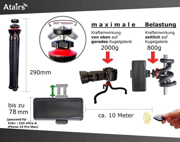 Atairs Handy Stativ für Smartphone mit Fernauslöser - Flexibles Reisestativ für Kamera, DSLR, Action