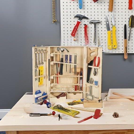 Leomark Deluxe Holz Werkzeug für Kinder - 50-TLG - Werkzeugkasten, Kompakter Werkzeugkoffer, Holzsch