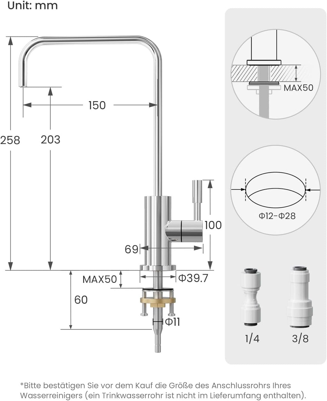 Trinkwasserhahn, Wasserhahn Küche Für Umkehrosmose Oder Wasserfiltersystem, Küchenarmatur Aus Edelst