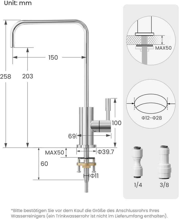 Trinkwasserhahn, Wasserhahn Küche Für Umkehrosmose Oder Wasserfiltersystem, Küchenarmatur Aus Edelst