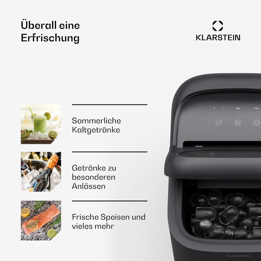 Klarstein SparkIce Eiswürfelmaschine, 15 kg/Tag, Eiswürfel in 6 Min., Touchpad, 2 Eiswürfelgrössen,