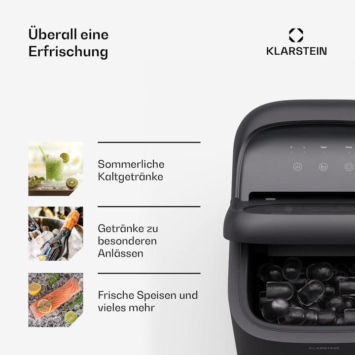Klarstein SparkIce Eiswürfelmaschine, 15 kg/Tag, Eiswürfel in 6 Min., Touchpad, 2 Eiswürfelgrössen,