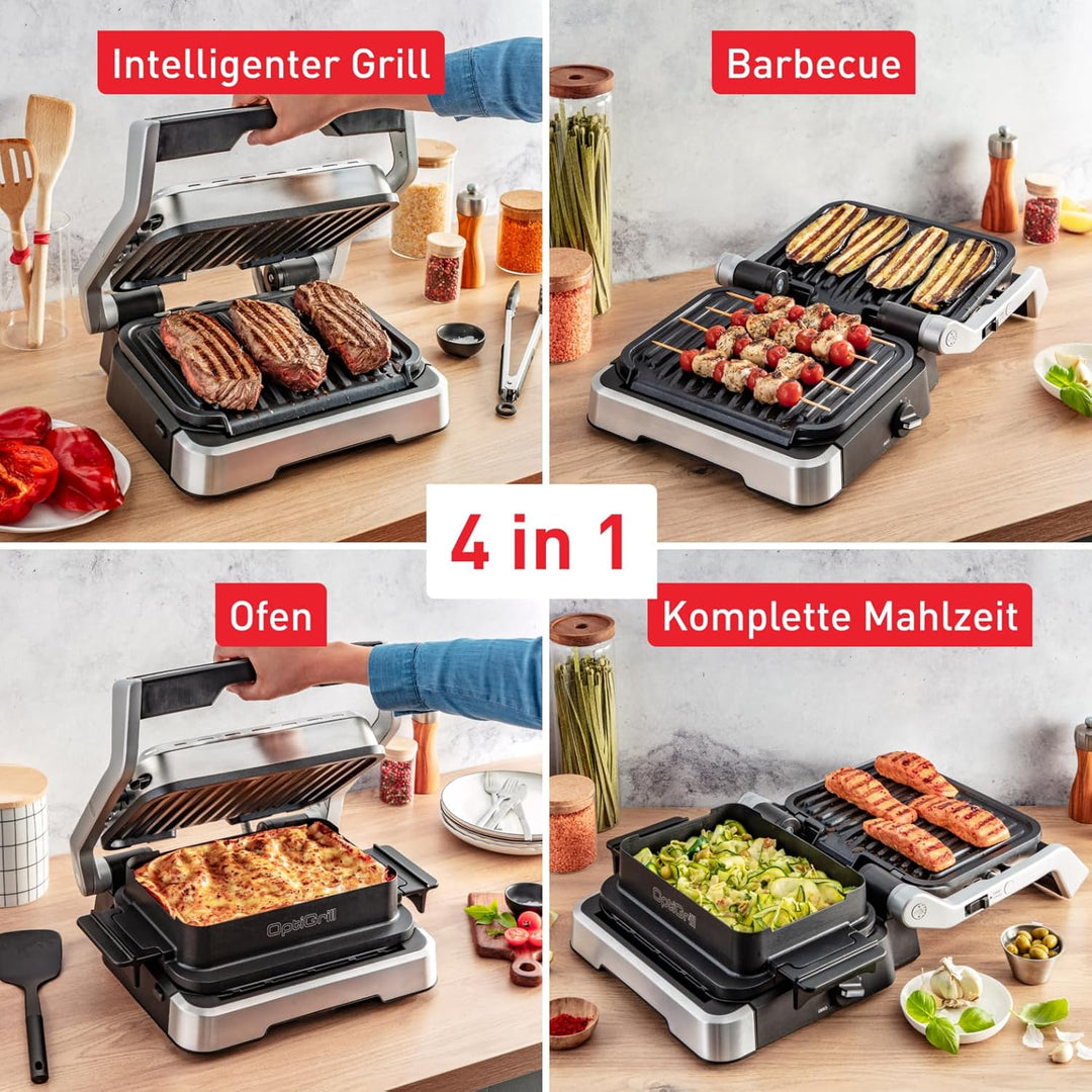 Tefal OptiGrill 4in1 Kontaktgrill mit Backschale, Aufklappbar, Tischgrill, 9 Programme, Garstufenanz