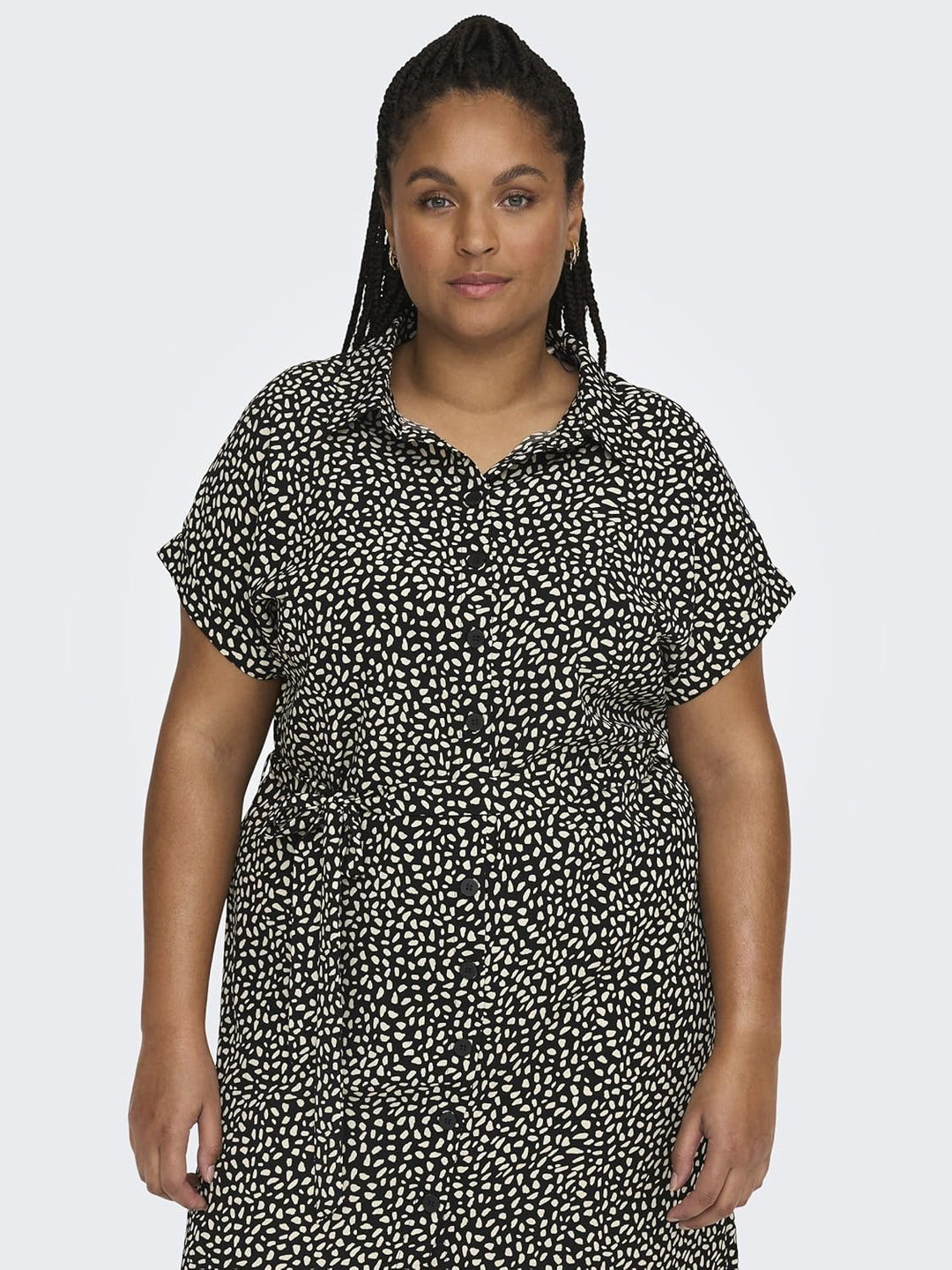 ONLY Damen Cardiega Ss Blk Shirt Dress WVN Noos Kleid 44 Grosse Grössen Black/Aop:cloud Dancer Graph