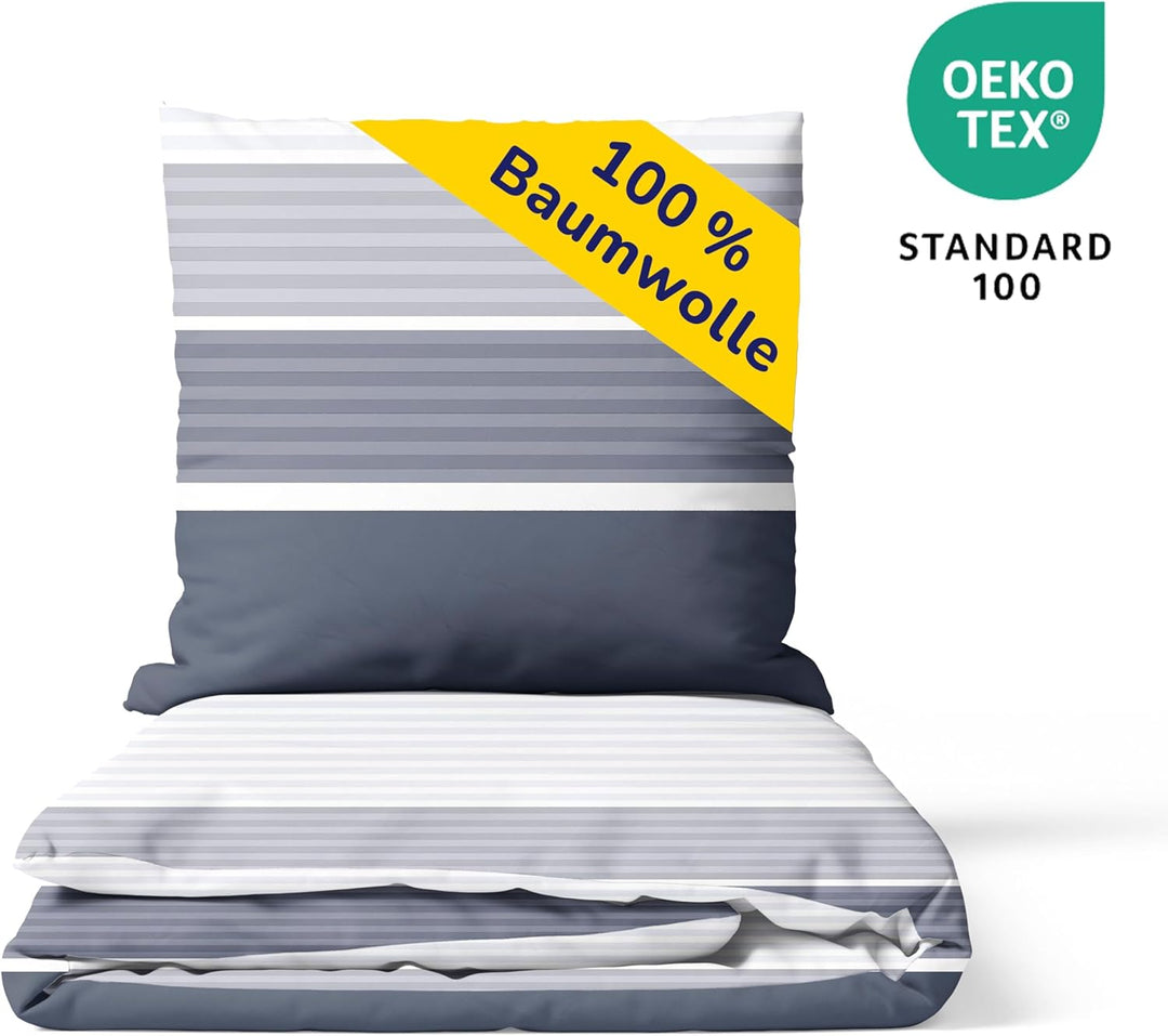 Träumschön Biber Bettwäsche 135x200 grau Weiss gestreift - Moderne 2tlg Gestreifte Bettwäsche grau -