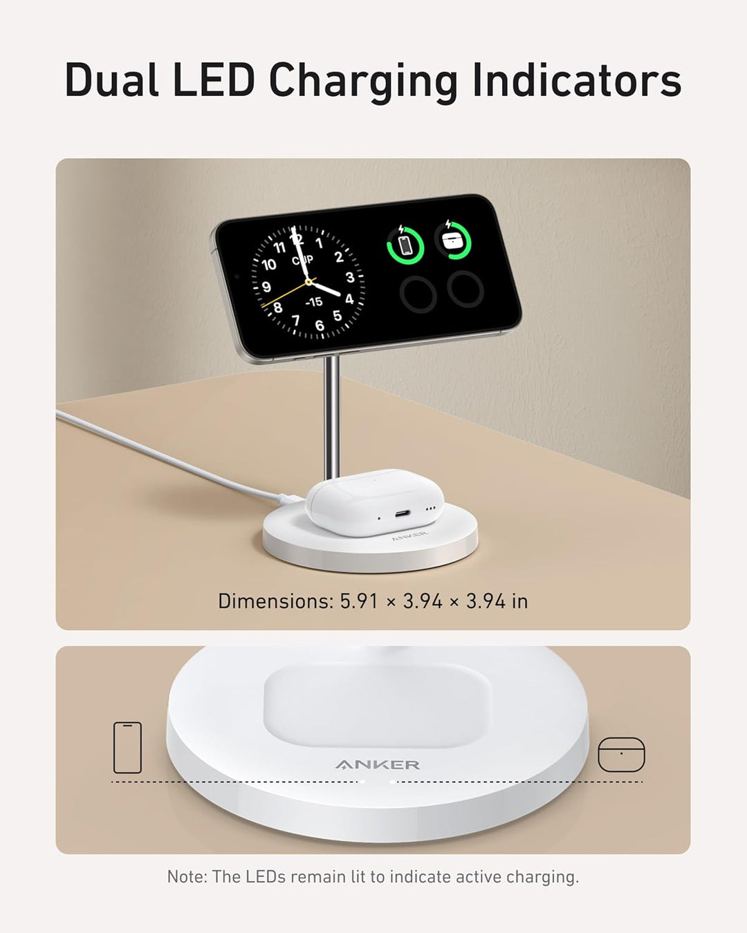 Anker MagGo 15W Magsafe Ladegerät kompatibel, 2-in-1 Induktive Ladestation, Qi2 Wireless Charger für
