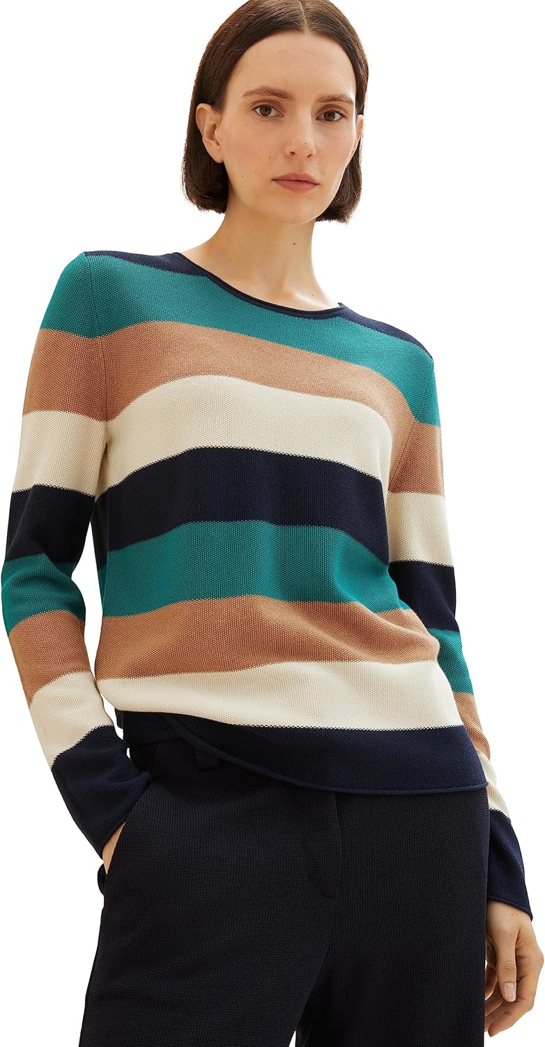TOM TAILOR Damen Basic Pullover mit Struktur XS 34021 - Navy Teal Knit Stripe, XS 34021 - Navy Teal
