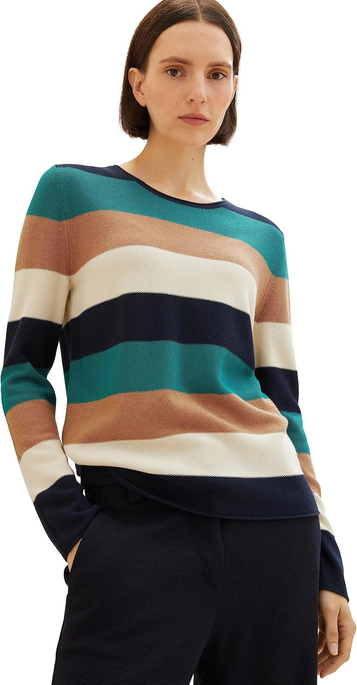 TOM TAILOR Damen Basic Pullover mit Struktur XS 34021 - Navy Teal Knit Stripe, XS 34021 - Navy Teal
