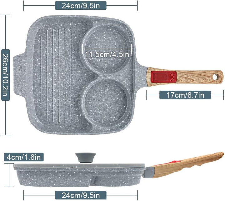 Spiegeleipfanne mit Deckel 3 Loch, 26cm Antihaft Keramikbeschichtung Grillpfanne Dreigeteilt Pancake