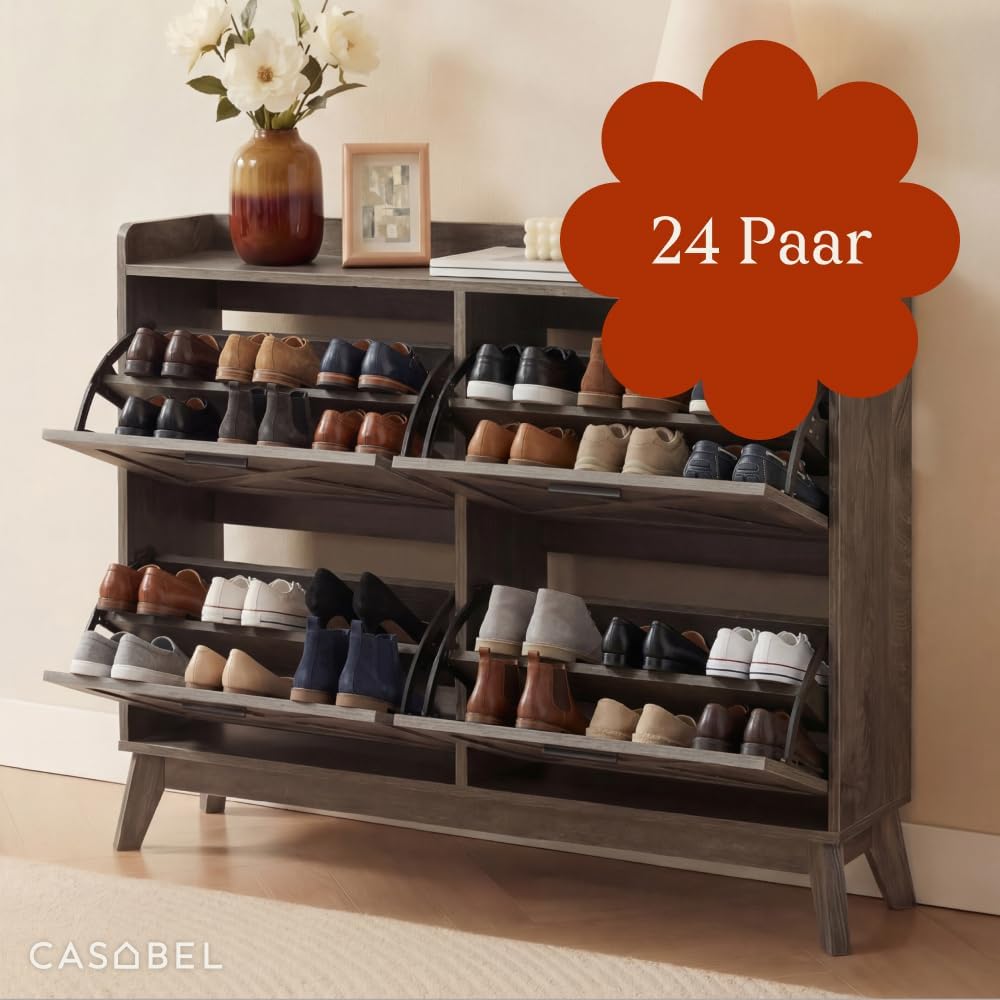 CASABEL Schuhschrank mit 4 Klappen, Fronten mit Kreuzmuster, DunklesHolz, Funktionales Design, Gross