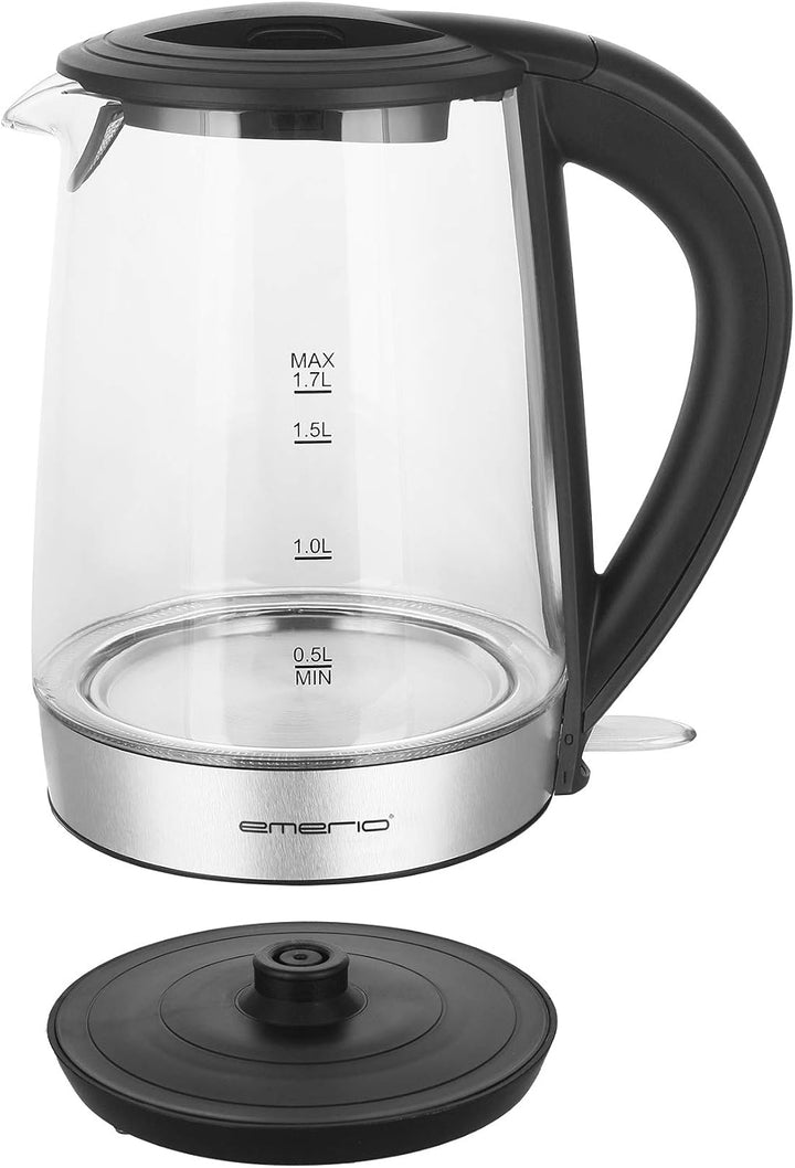Emerio WK-123131, Glas Wasserkocher 1.7L, BPA frei, bestes Borosilikatglas, 2200 Watt, schöne blaue
