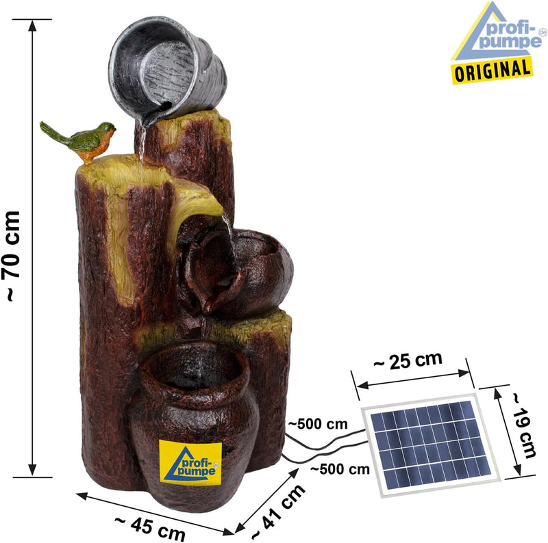 Solar Gartenbrunnen Brunnen BAUMSTUMPF & TONKRÜGE Zierbrunnen Wasserfall Springbrunnen für Terrasse,