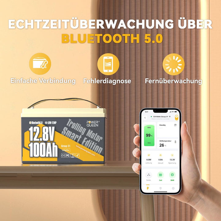 Power Queen 12V 100Ah TM Bluetooth LiFePO4 Batterie, Tieftemperaturabschaltung, Max. 15000 Zyklens,