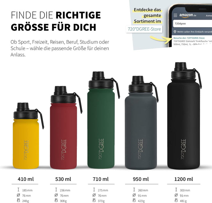 720°DGREE Edelstahl Trinkflasche “noLimit” – 950ml - Auslaufsicher, Kohlensäure geeignet, BPA-Frei -