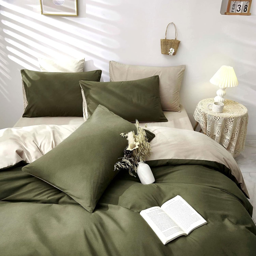 Damier Bettwäsche Grün 220×240cm Olivgrün Beige Unifarben Bettbezug Set 3 Teilig Superweiches Microf