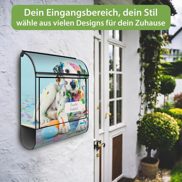 banjado® Design Briefkasten personalisiert Motiv Bunter Dalmatiner 39x47x14cm & 2 Schlüssel - Briefk